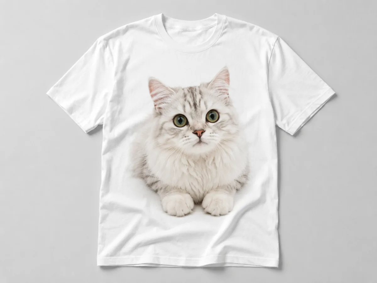 Custom white cotton T-shirt printed with a high-resolution photo of a fluffy cat