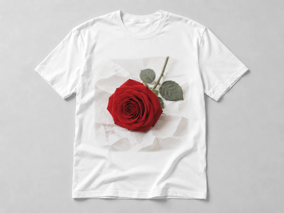 Custom white cotton T-shirt printed with a single red rose on paper