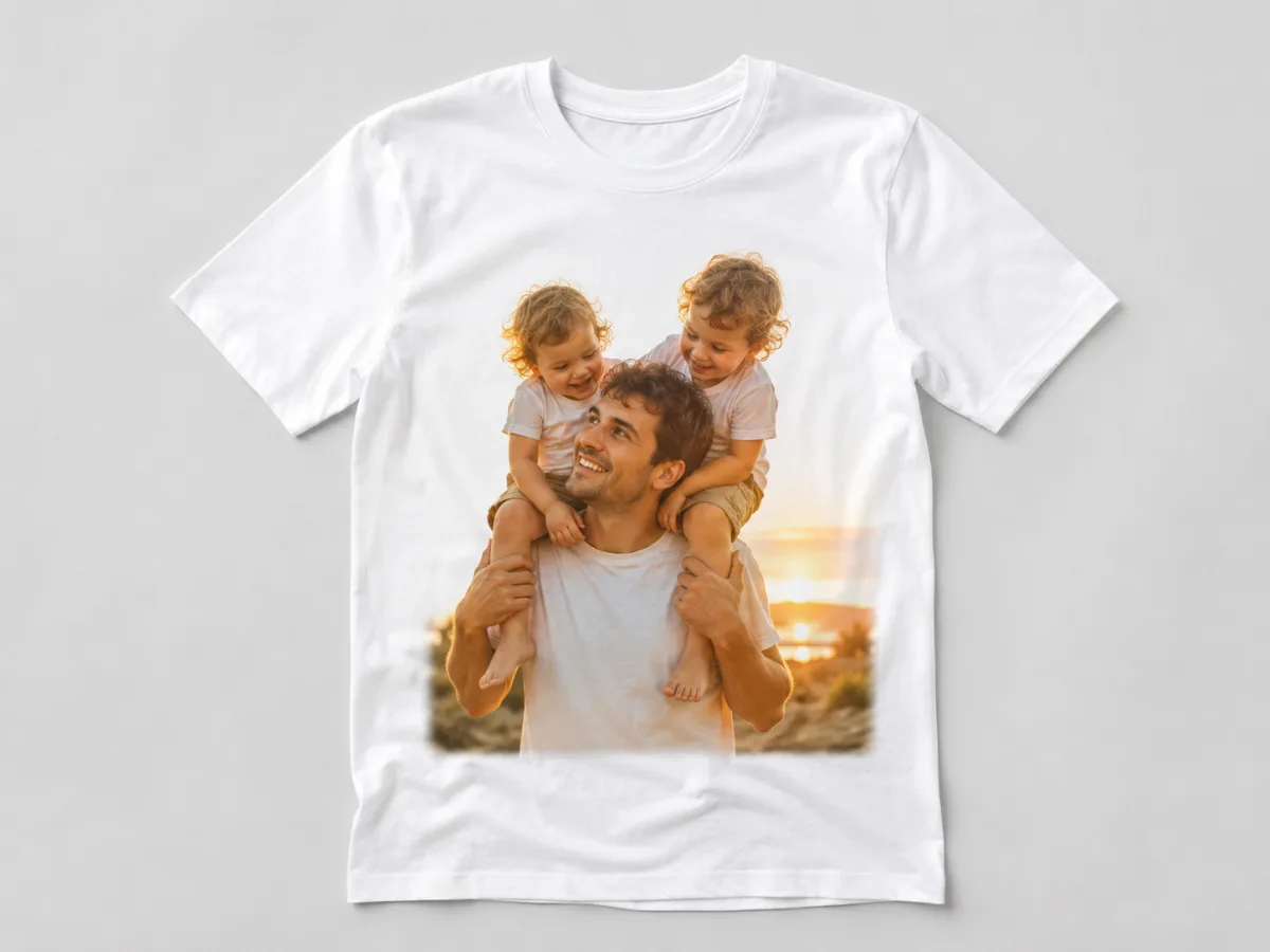 Custom white cotton T-shirt printed with a golden-hour family photo
