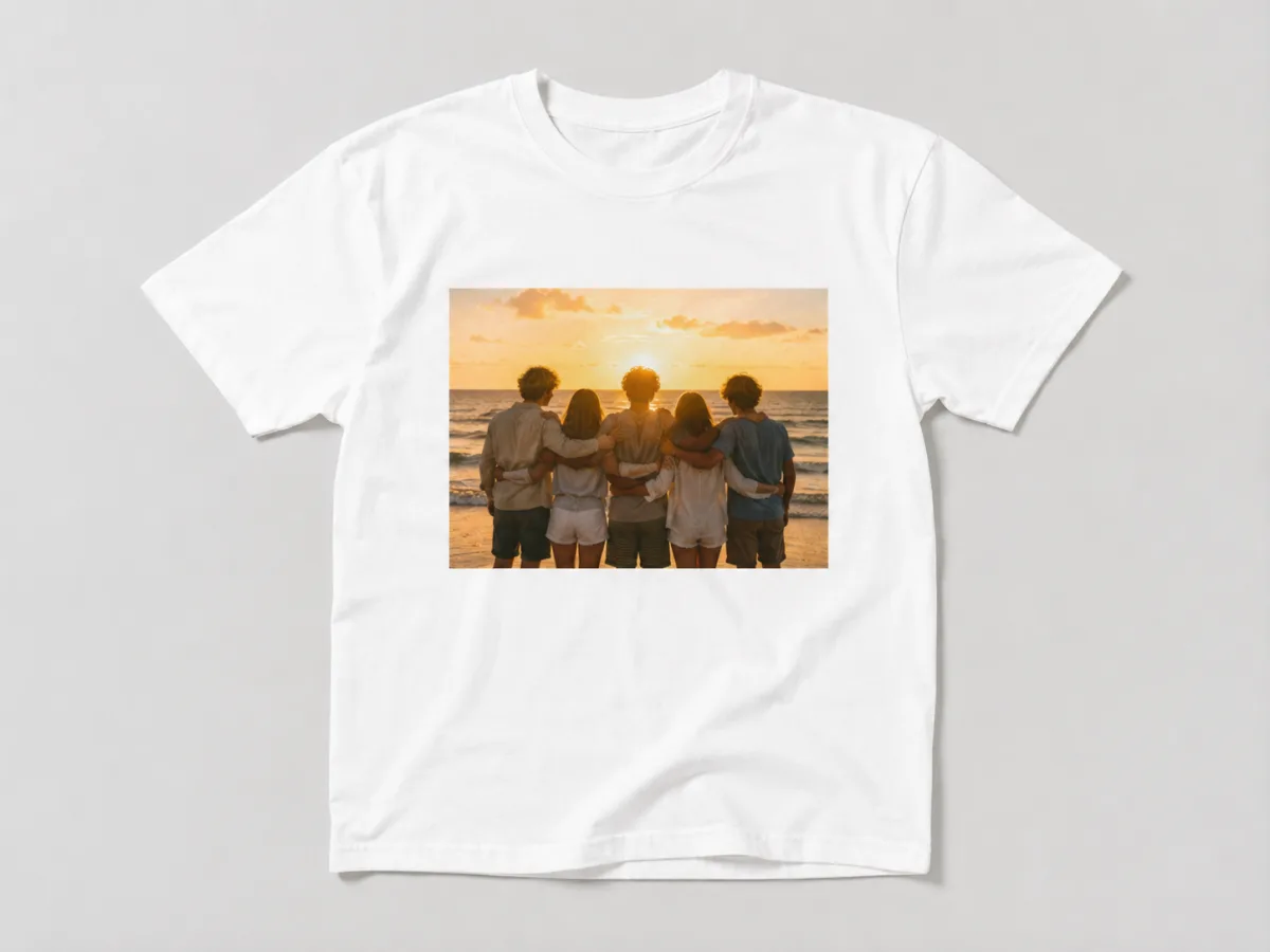 Custom white cotton T-shirt printed with friends watching a beach sunset