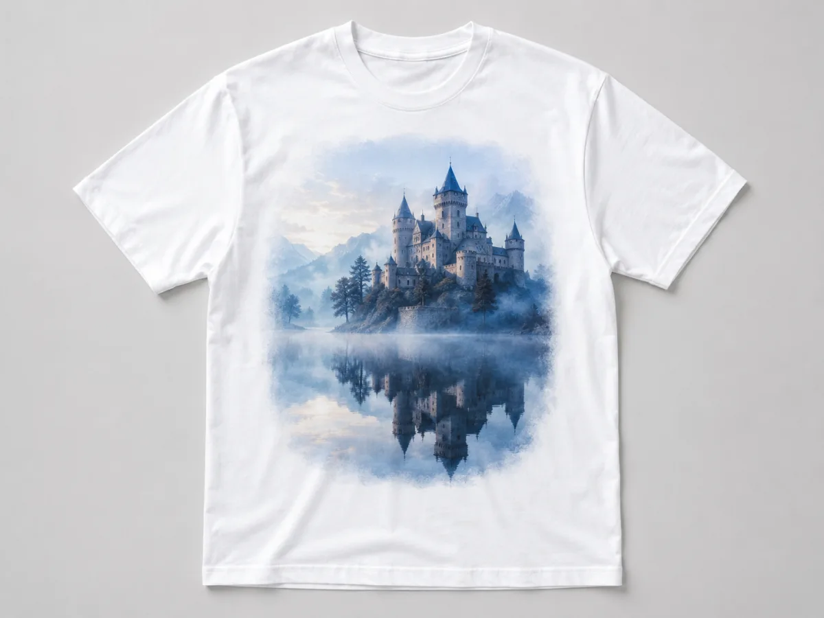 Custom white cotton T-shirt printed with a soft watercolor castle keepsake