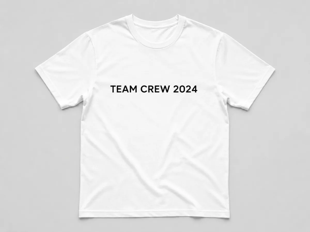 Custom white cotton T-shirt printed with TEAM CREW 2024 typography